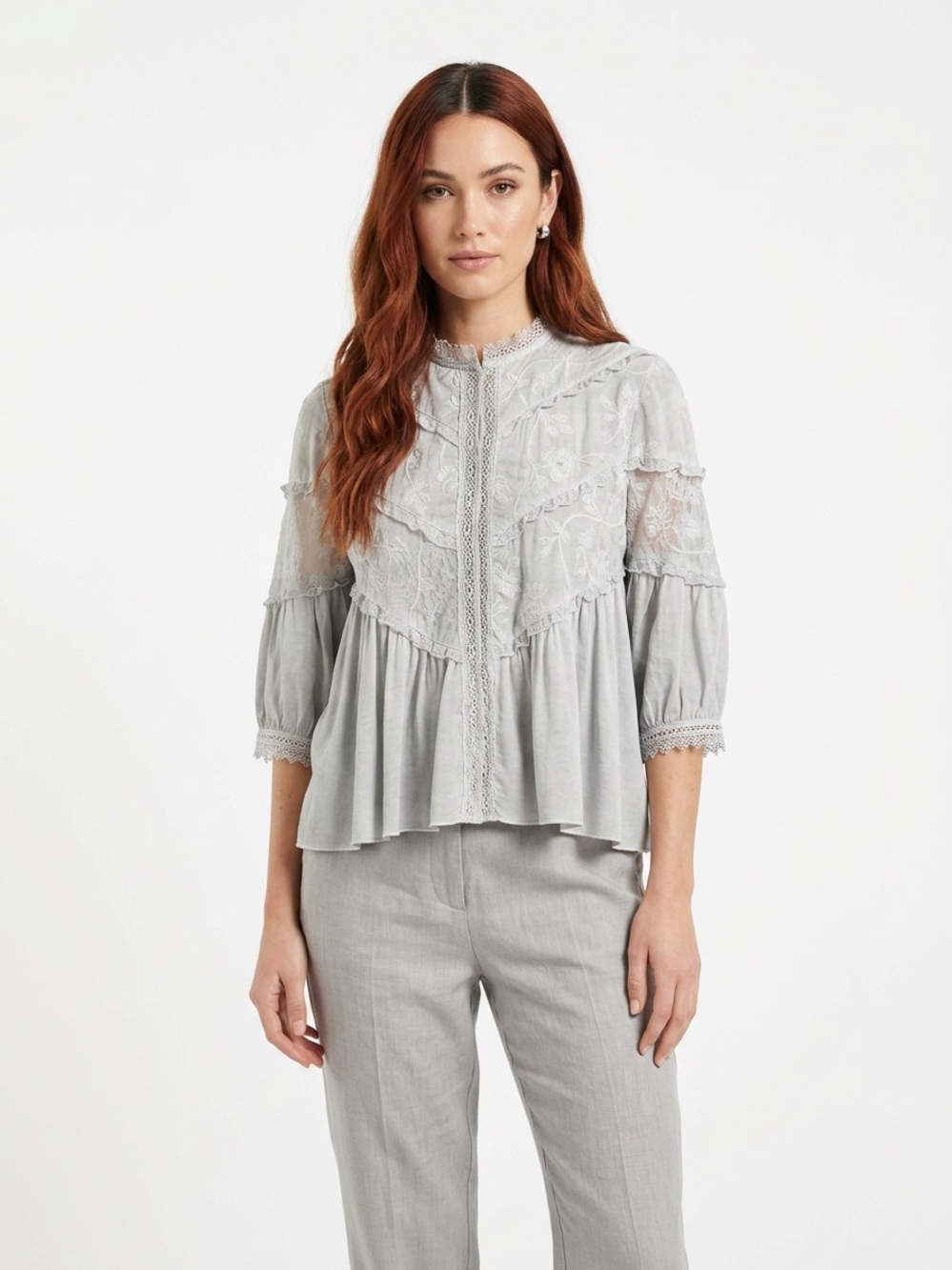NWT POL Gathered Detail Lace embroidery 3/4 sleeve grey women’s  Top Sz S Rayon